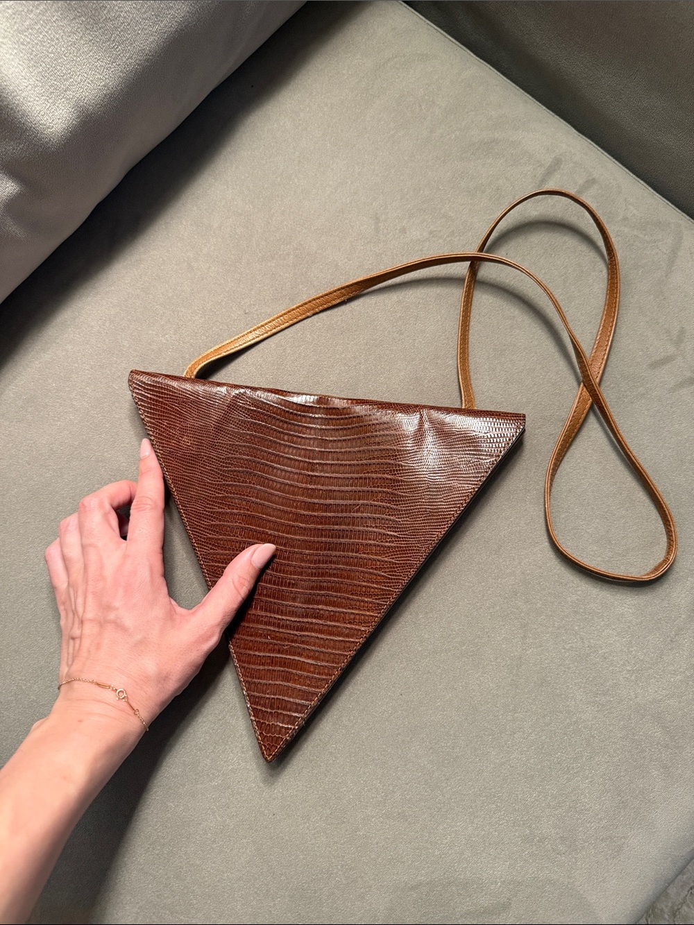 Brown Triangle Crossbody Bag - Sleek Textured Leather